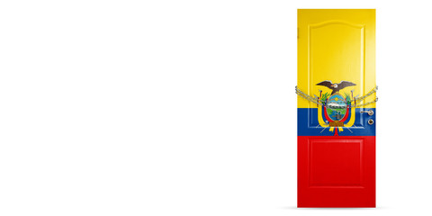 Door colored in Ecuador national flag, locking with chain. Countries lockdown during coronavirus, COVID spreading. Concept of medicine and healthcare. Worldwide epidemic, quarantine. Copyspace.