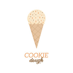 Cookie dough ice cream vector illustration. Sweet dairy or vegan cookie with chocolate chips flavored ice cream in waffle cone. Isolated.  