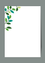 Minimalist floral wedding invitation card. Banner template with plants design on white background. Green leaves at corner in vintage style. Vector illustration with empty place for text.