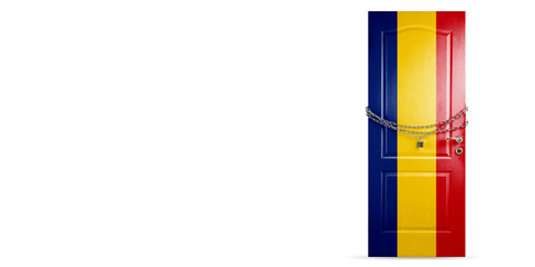 Door colored in Romania national flag, locking with chain. Countries lockdown during coronavirus, COVID spreading. Concept of medicine and healthcare. Worldwide epidemic, quarantine. Copyspace.