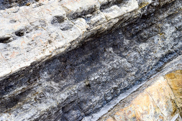 Detail of the sandstone and limestone rock face compressed by centuries, Dinosaur Ridge, Colorado, USA