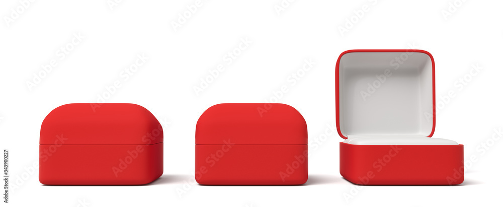 Poster 3d rendering of two closed and one open red engagement ring boxes isolated on white background