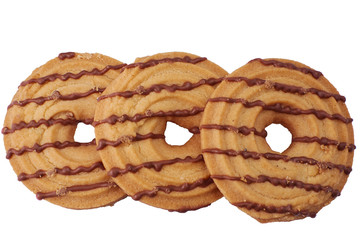 three cookies rings with chocolate close-up isolated on white background