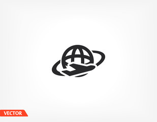 Globe and travel by plane. Aircraft flies around the earth. globe and tourism. vector graphics of the planet and the plane. 10 eps travel