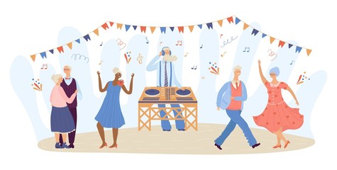 Cartoon group of senior people dancing while listening to music, DJ play by a gramophone isolated on white vector illustration. Elderly women and man dancing at a party. Old people enjoy life after