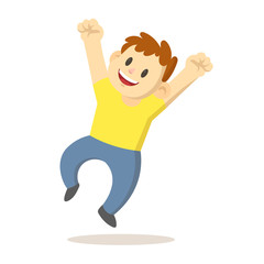 Happy boy jump for joy with his hands in the air, cartoon character. Colorful flat vector illustration, isolated on white background.