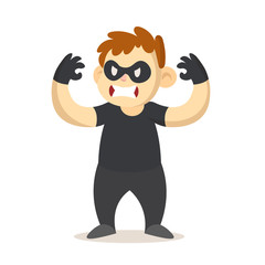 Angry boy dressed as a masked villain, cartoon character. Colorful flat vector illustration, isolated on white background.