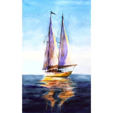 Yacht, sailboat at sea, ship reflected in water. Watercolor illustration hand drawn loose style. Card or background.