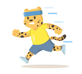 Cute cartoon cheetah running, cartoon character. Colorful flat vector illustration, isolated on white background.