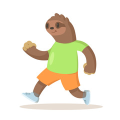 Cute brown sloth wearing sportswear running, cartoon character. Colorful flat vector illustration, isolated on white background. © Tatyana