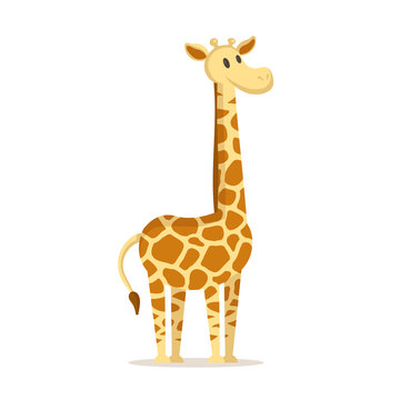 Cute cartoon giraffe standing, cartoon character. Colorful flat vector illustration, isolated on white background.