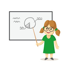 Cute smiling girl standing next to whiteboard with diagram on it. School, classroom, lesson. Colorful flat vector illustration, isolated on white background.
