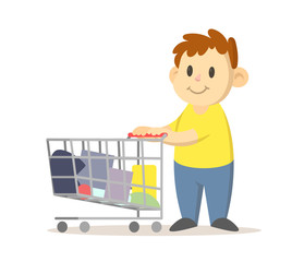 Boy with a supermarket trolley. Colorful flat vector illustration, isolated on white background.