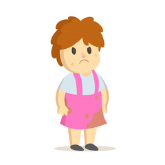 Grumpy girl in dirty pink dress, cartoon character. Untidy, grubby little child playing. Colorful flat vector illustration, isolated on white background.