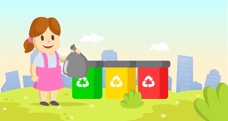Obraz na płótnie Canvas Cute little girl holding garbage plastic bag standing next to containers with different types of recycling waste. Sorting waste concept. Colorful cartoon flat vector illustration.