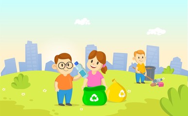 Obraz na płótnie Canvas Smiling kids collecting plastic garbage and segregating waste on city and blue sky background. Waste sorting management, recycling, ecology. Cartoon flat vector illustration.