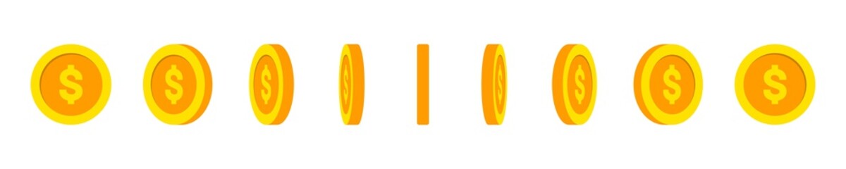 Gold coin animation effect. Rotating gold coin and dollar sign for animation. Golden coins in different shapes and angles. Vector