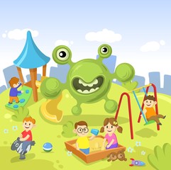 Green cartoon Virus monster standing on the playground full of children. Stay home concept. Ncov, covid19, coronavirus pandemic. Cartoon flat vector illustration.