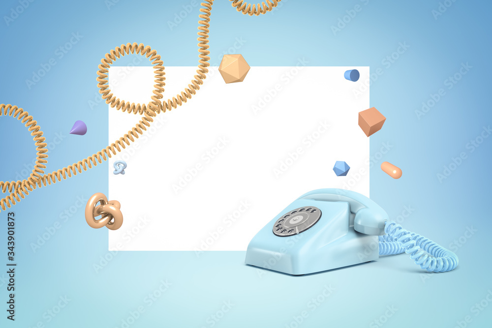 Poster 3d rendering of white copy space with retro phone at the bottom right corner, yellow wire and small 
