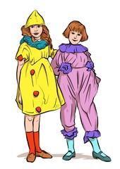 two girls posing.  they wear 1920s-style clothes.  illustrationhildren in winter clothes