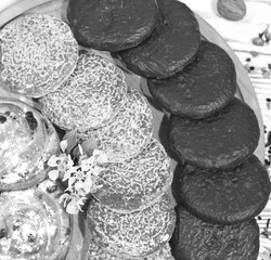 Black and white photo of sweet gingerbread, homemade cakes. Dissertations. Cooking concept. Flat lay