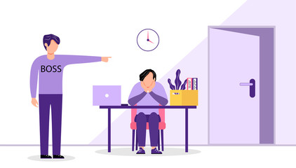 The boss fires an employee. A sad man sits at his former workplace, and the boss shows him the door. The concept of layoffs, unemployment and job cuts. Vector illustration in a flat style.