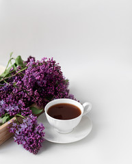 Branches and flowers of lilac, violet color, on a white background. Cup with coffee, cocoa, spring breakfast. Creative flat lay, frame for text. Minimalistic design.  Panoramic banner background with 