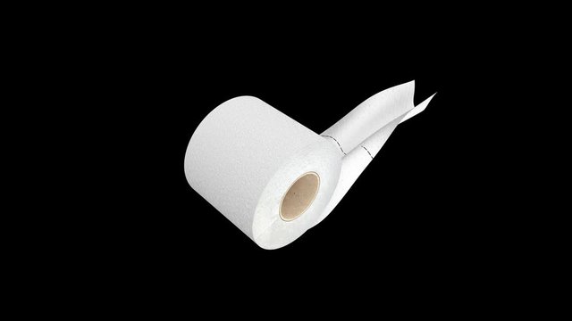 Flying toilet paper roll isolated on a black background with alpha matte