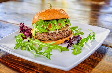 Gourmet grilled hamburger on bun with mushrooms, avocado, arugula, radicchio and white plate.