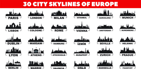 30 city skyline silhouettes from Europe vector design set. - obrazy, fototapety, plakaty