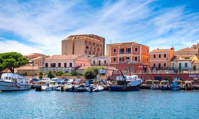 La Maddalena, Sardinia, Italy - Panoramic view of La Maddalena port - Porto di Cala Gavetta - and marina quarter at the Tyrrhenian Sea coastline