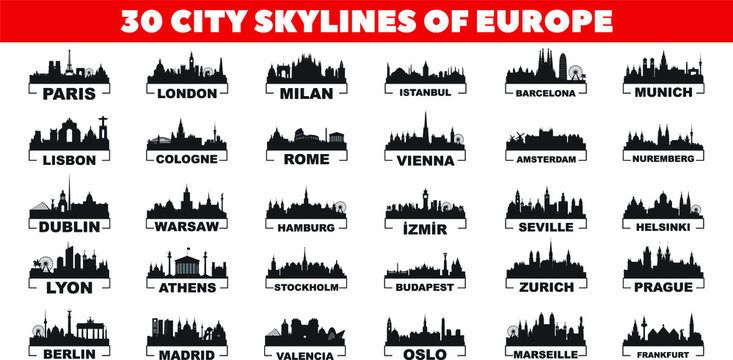 30 city skyline silhouettes from Europe vector design set.