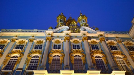 Facade of the Catherine Palace with night illumination located in the suburb of St. Petersburg, in...