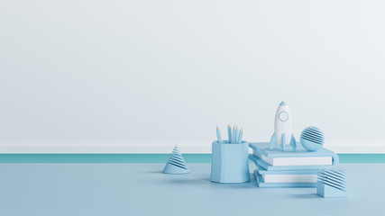 3D illustration, blue tone of school supplies on the table, 3D rendering with back to school concept