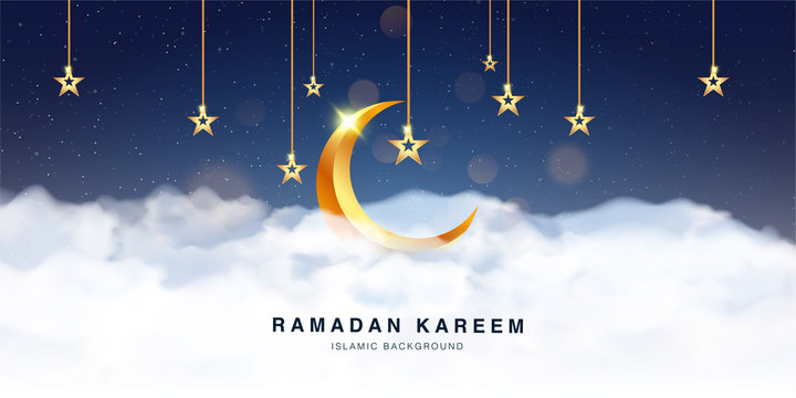 Ramadan Kareem Celebration Greeting Card background template vector design Decorated With 3d Realistic Crescent moon and clound. Islamic eid mubarak banner