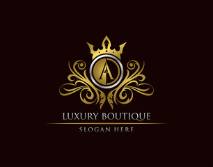 Luxury Boutique A Letter Logo, Circle Gold Crown A Classic Badge Design