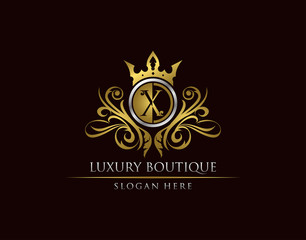 Luxury Boutique X Letter Logo, Circle Gold Crown X Classic Badge Design