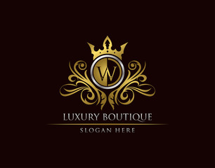 Luxury Boutique W Letter Logo, Circle Gold Crown W Classic Badge Design
