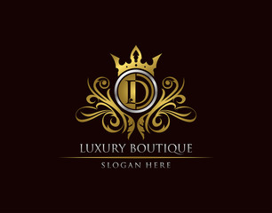 Luxury Boutique D Letter Logo, Circle Gold Crown D Classic Badge Design