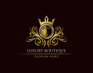 Luxury Boutique T Letter Logo, Circle Gold Crown T Classic Badge Design