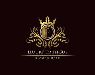 Luxury Boutique F Letter Logo, Circle Gold Crown F Classic Badge Design