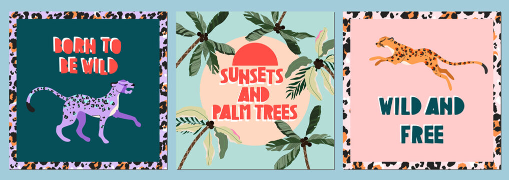 Trendy quote summer card set. Summertime holiday concept. Hand-drawn vector cards and trendy handwritten quotes. Greeting card, web poster templates. Wild animals, modern text, and palm trees.