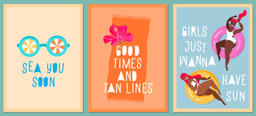 Funny quote summer cards. Summertime holiday concept. Modern hand-drawn vector cards and trendy handwritten quotes. Greeting card templates. Women and pool rubber rings, sunglasses and hibiscus flower