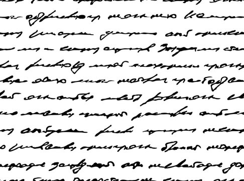 Scrawl. Written handwriting. Scribble decor. Seamless pattern. Handwriting text background. Unreadable text. Scribbles design. Black white background. Old letter. Shabby manuscript. Lorem ipsum text