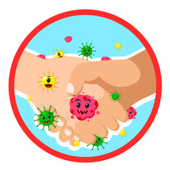 Handshake with virus microbe infection. Banner on a white.