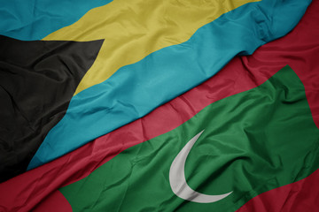 waving colorful flag of maldives and national flag of bahamas.