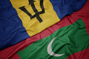 waving colorful flag of maldives and national flag of barbados.