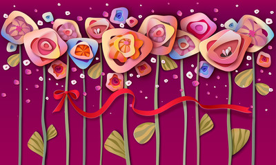 Abstract summer flowers background. Paper cut style