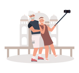 Aged male and female traveling around world, selphie concept, simple flat vector illustration on white background. Design for web, poster. Older people take photo, video, save memories.