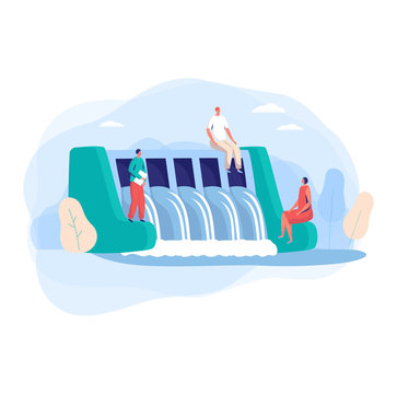 Hydroelectric Power Station With People Characters In City Concept And Vector Illustration On White Background. Eco Clean Modern Electric Power. Technological Water Electricity. Simple Flat Style.